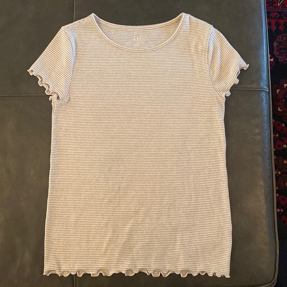 Gap T shirt with ruffled edges. Medium. Gold stripes (little sparkle to it)